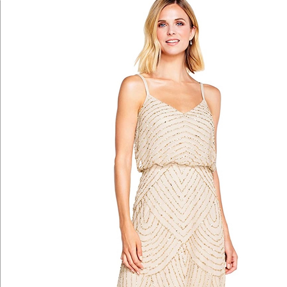 Adrianna Papell Women’s Long Beaded Blouson Gown Size 8 Chmp/Gld